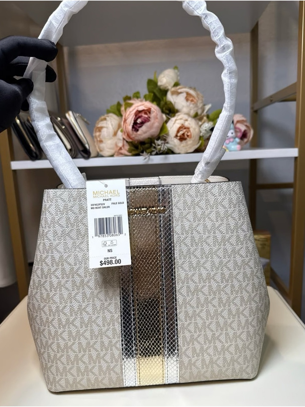 Michael Kors Bucket Shoulder Bag MEDIUM White Metallic Gold New 100% Authentic